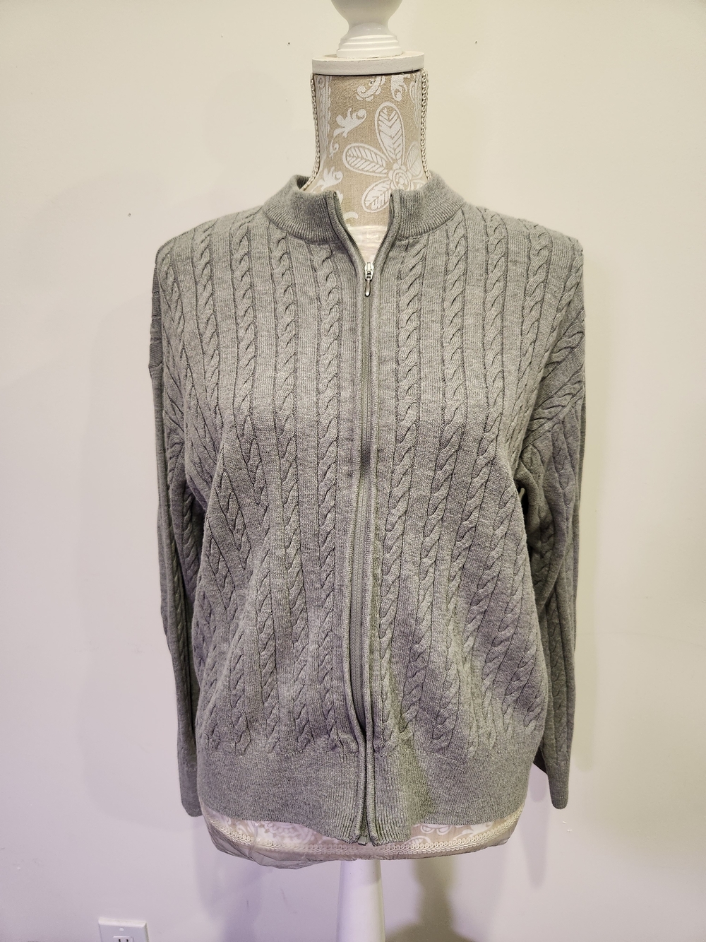 Nautica Light Gray Cable Knit Zip-Up Sweater